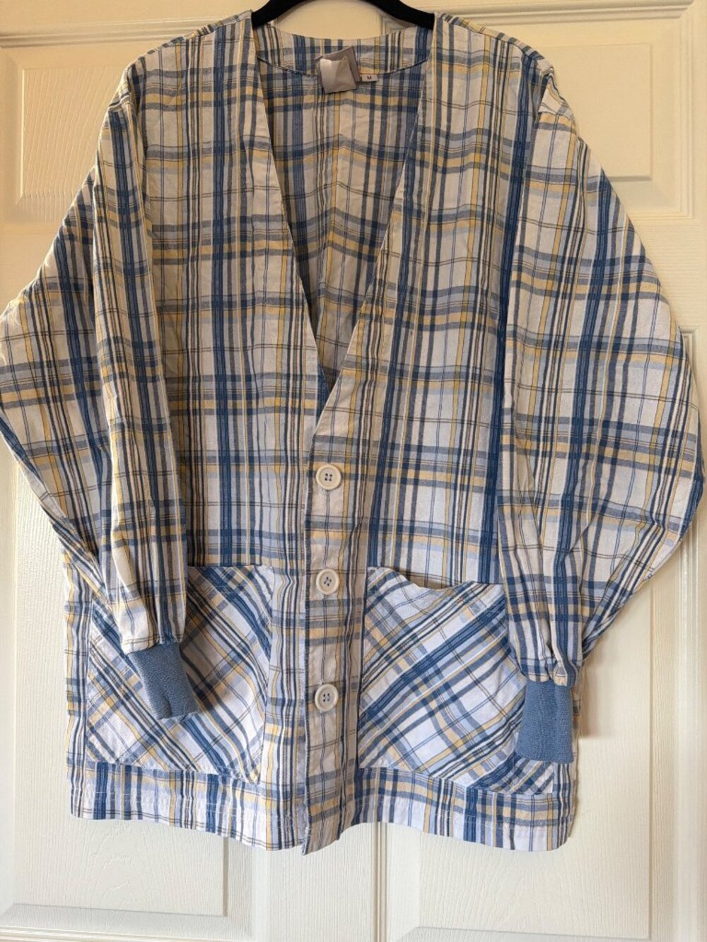 Plaid Button-Front Cardigan Jacket With Pockets S.C.R.U.B.S. 100% Cotton Blue &